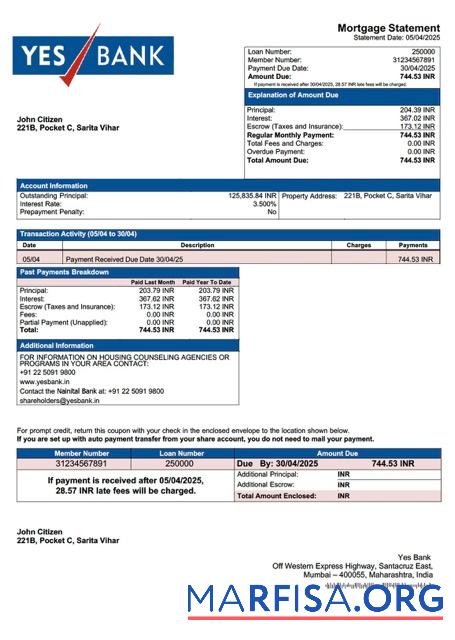 Downloadable India Yes Bank mortgage statement Word and PDF template